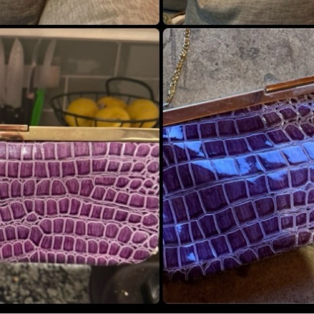 Vintage Jessica McClintock Violet Croc-Pattern Clutch with Gold Chain